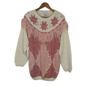 Vintage Kimberly Hope Pink & Cream Diamond Fringe Grandma Knit Sweater Sz Small